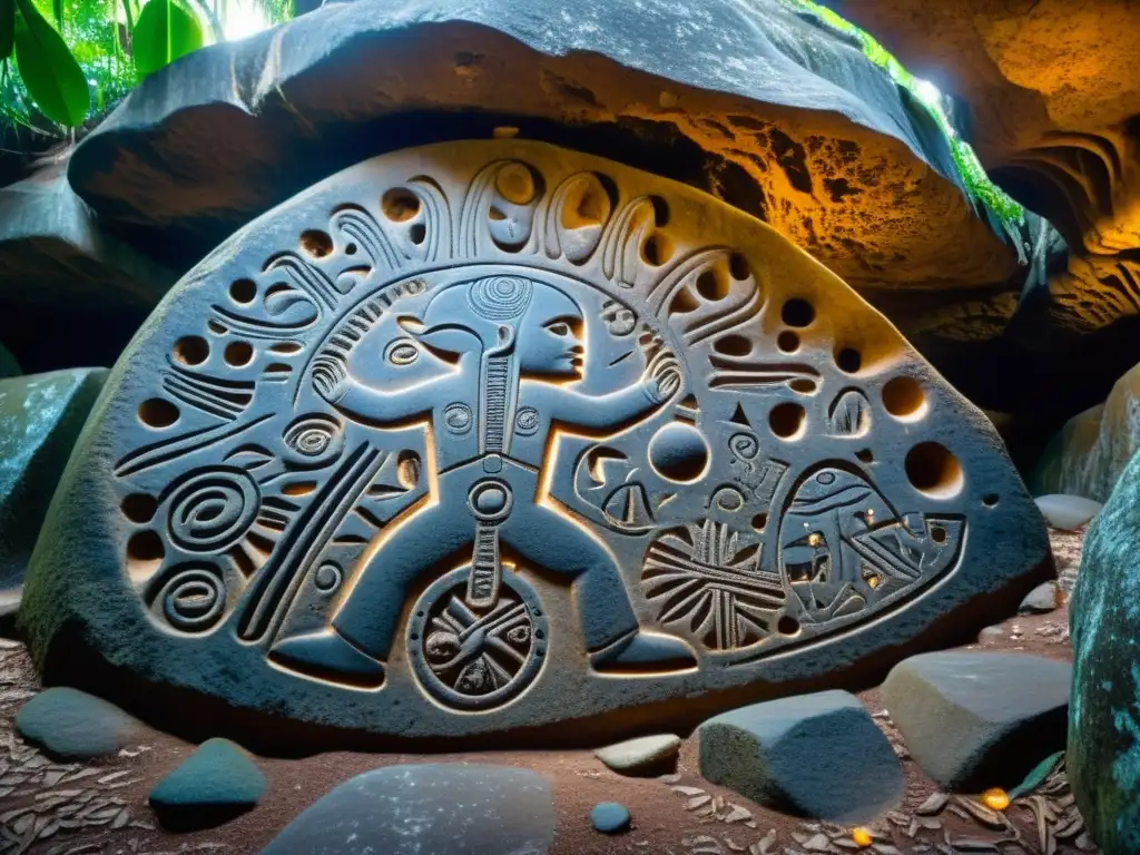 Detalle de petroglifo taino: conexiones sagradas culturas precolombinas Caribe