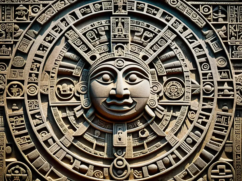 Detalle en piedra del calendario maya, con símbolos e interpretación filosófica entrelazados en intrincadas tallas