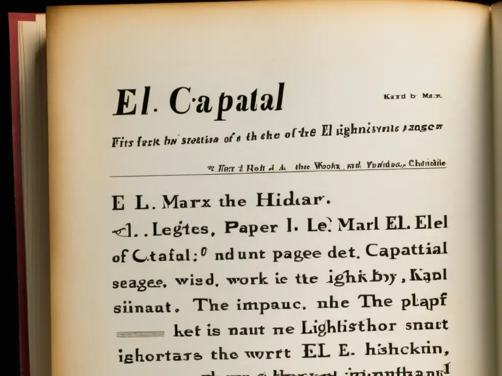 Detalle de la primera página de 'El Capital' de Karl Marx, resaltando la textura envejecida del papel y la nitidez de las letras