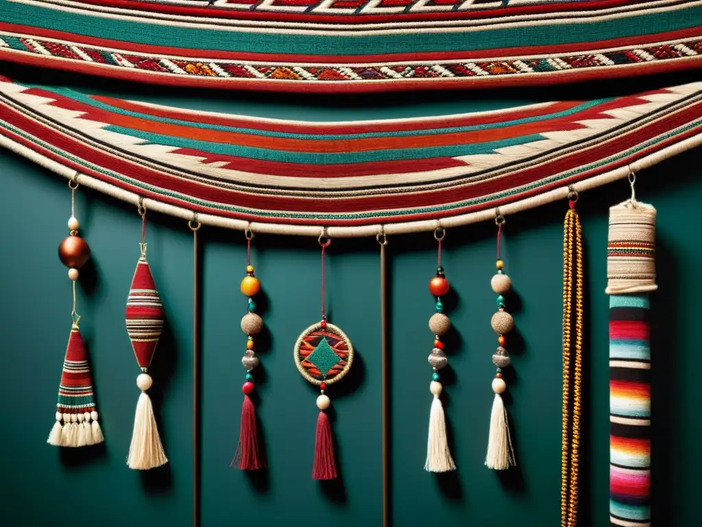 Detalle de quipus antiguos en entorno andino, destacando su complejidad y colores