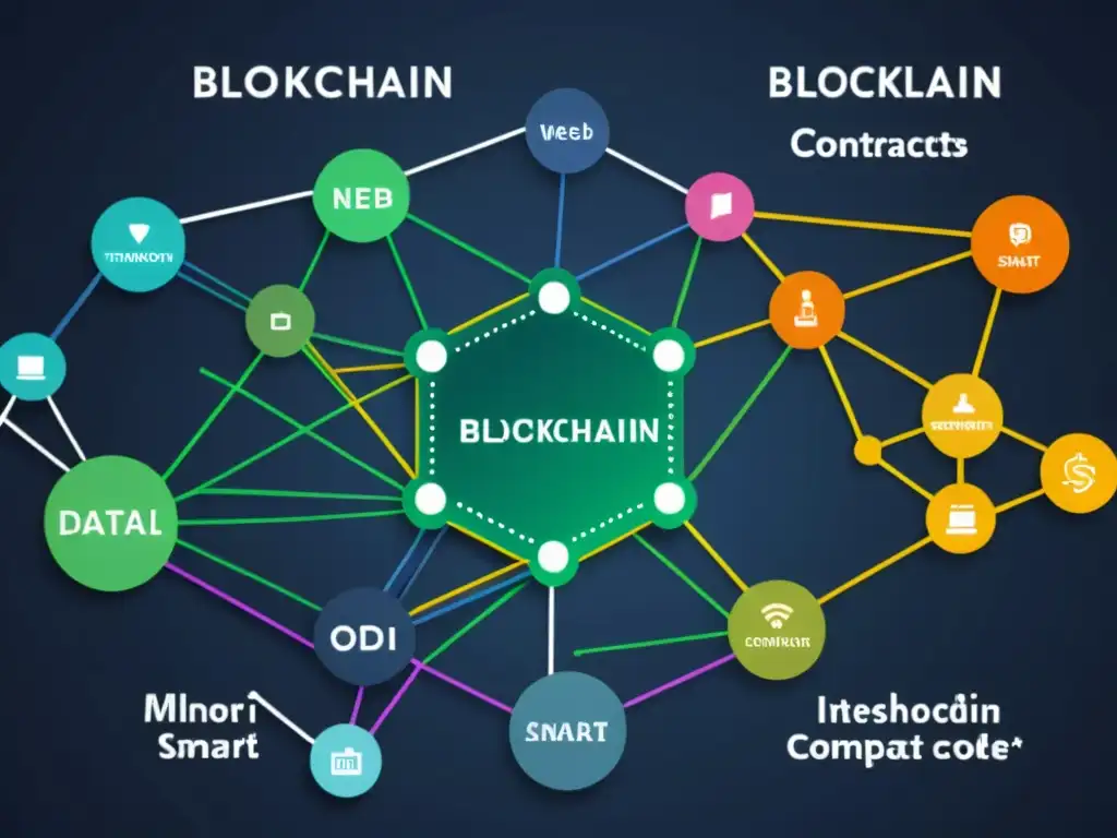 Detalle de red blockchain con contratos inteligentes y transacciones, reflejando la complejidad y sofisticación de la era blockchain