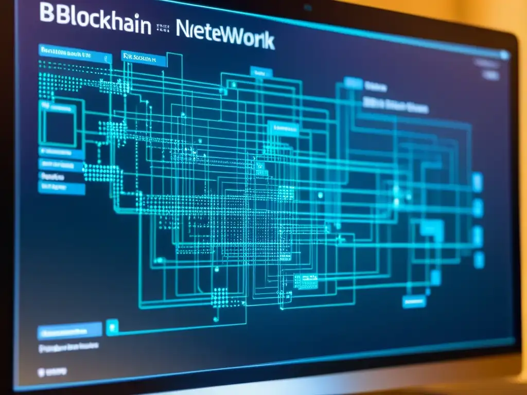 Detalle de red blockchain en pantalla iluminada por luz natural, simbolizando la complejidad de la tecnología blockchain en Teoría del Conocimiento