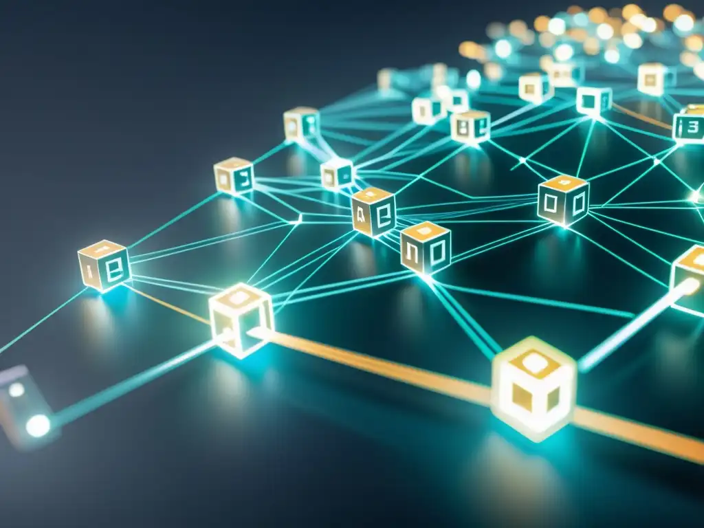 Detalle de red blockchain transparente con intrincadas conexiones entre bloques, simbolizando tecnología innovadora y justicia equitativa