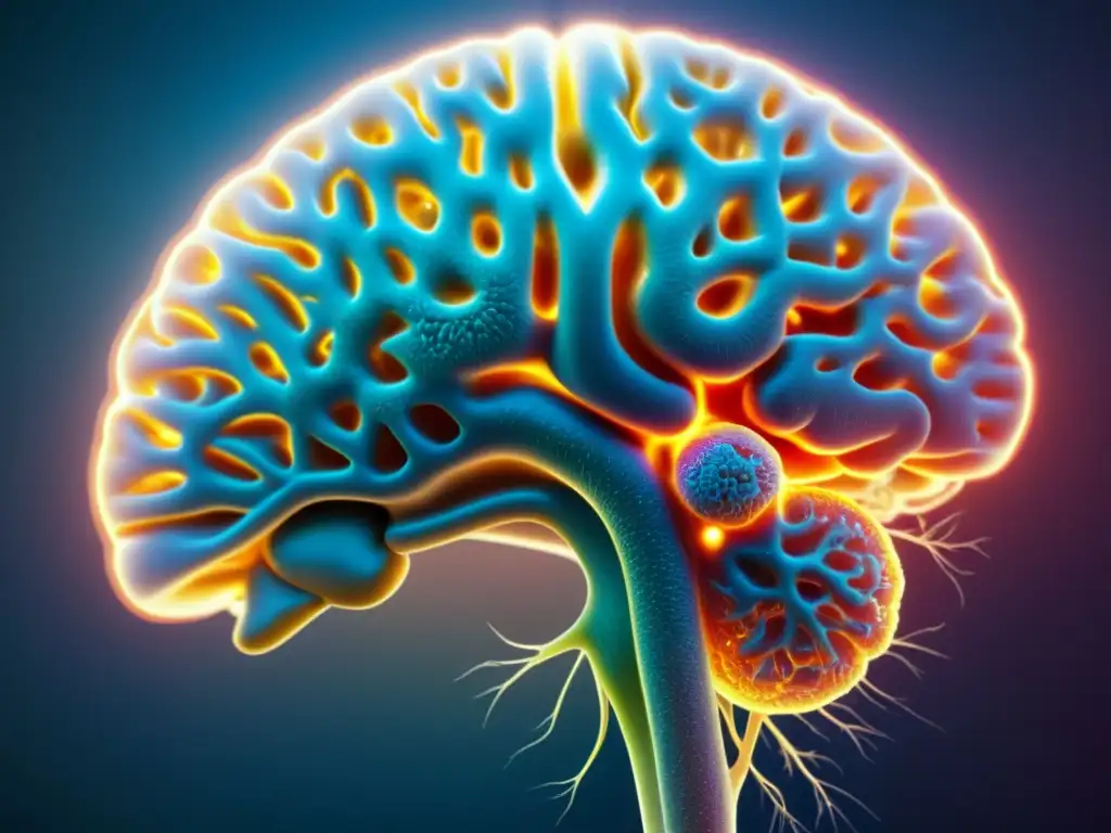 Detalle de red neuronal y estructuras cerebrales, destacando la complejidad del cerebro humano