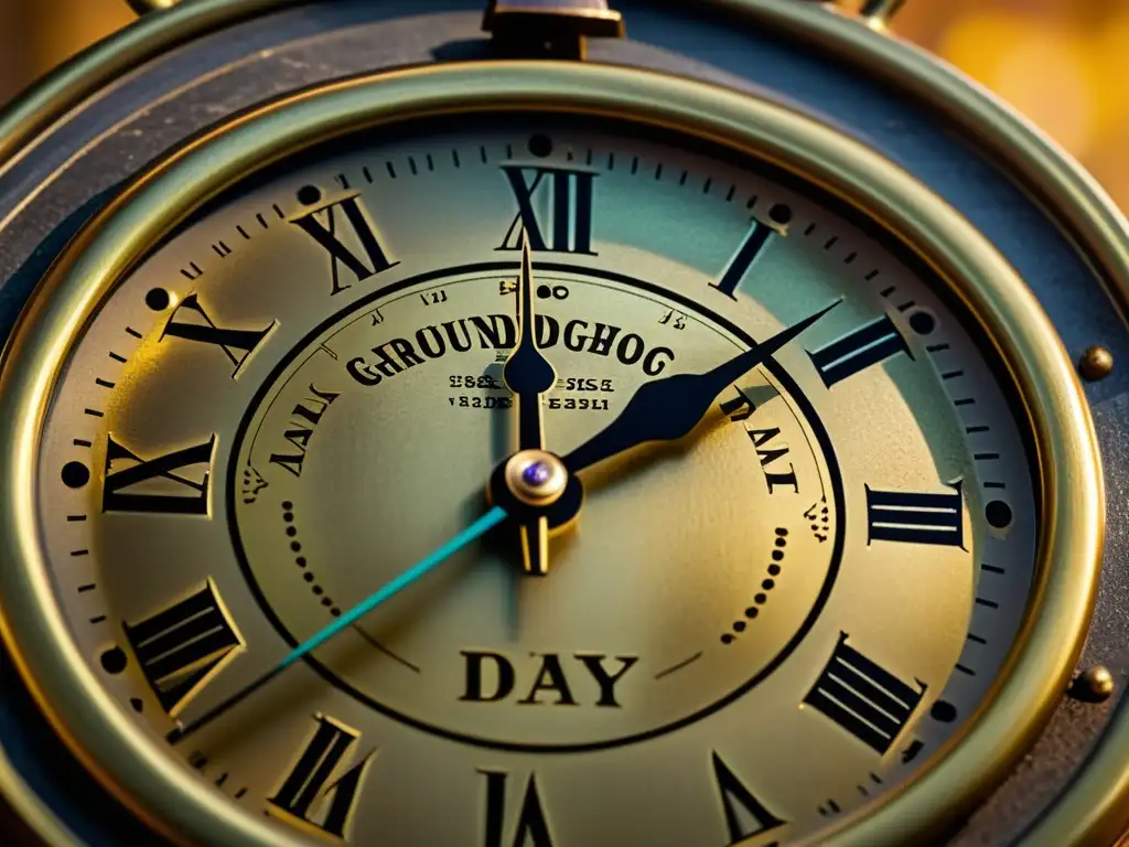 Detalle de un reloj vintage: números, manecillas y superficie desgastada, evocando la narrativa filosófica de Groundhog Day