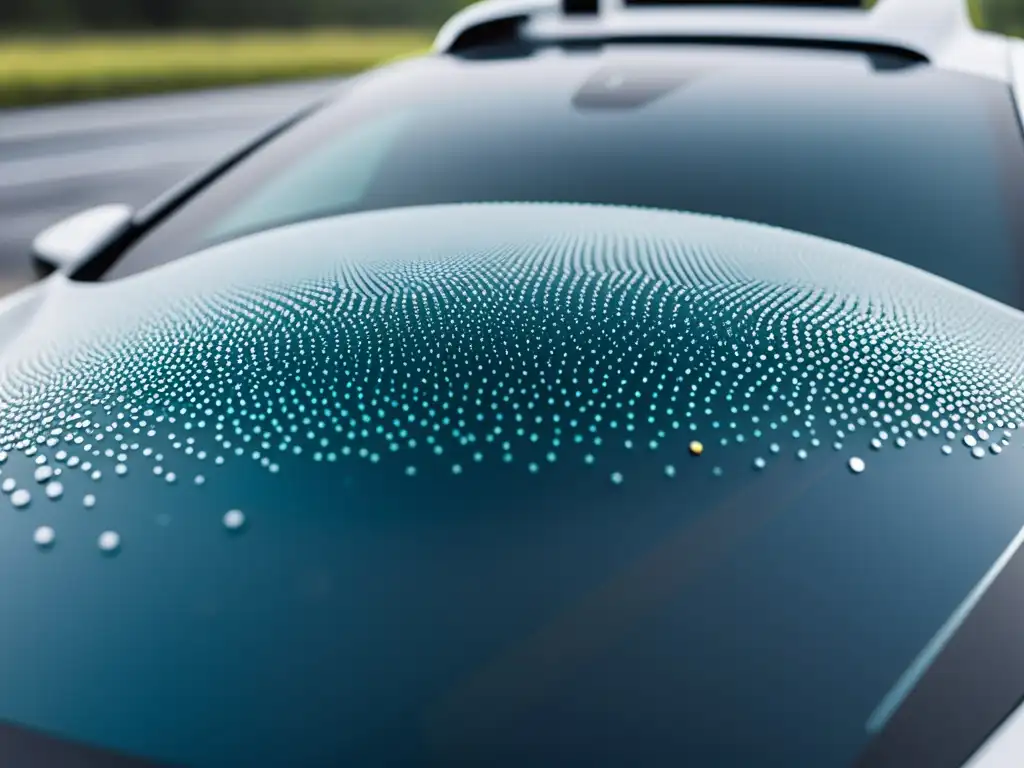 Detalle de sensores de auto autónomo con gotas de lluvia resaltando desafíos en condiciones climáticas