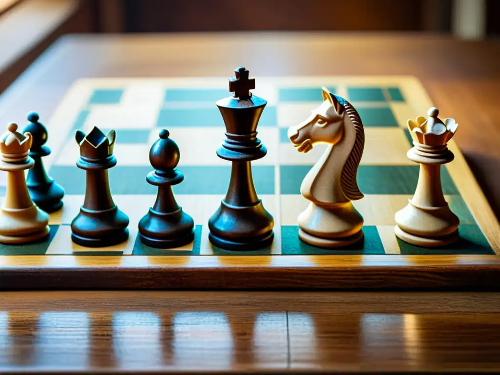 Detalle de tablero de ajedrez envejecido sobre mesa rústica de madera, evocando estrategias filosóficas para la toma de decisiones