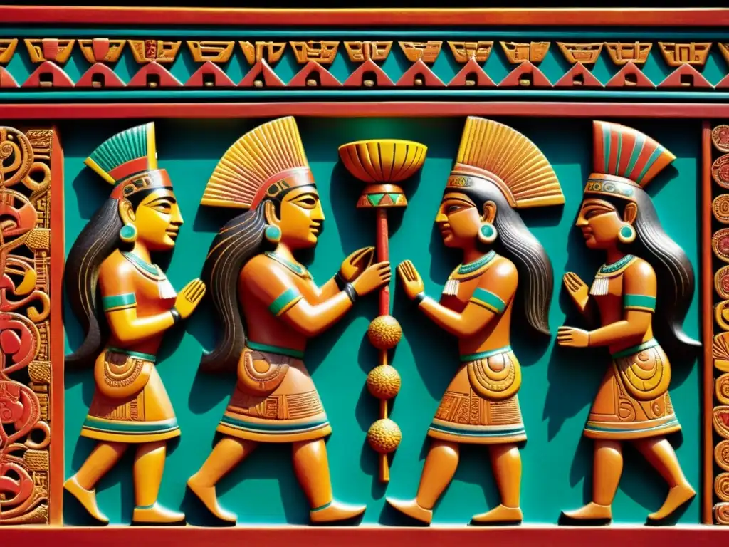 Detalle de tallado en piedra representa ceremonia ritual y normas sociales filosofía mesoamericana