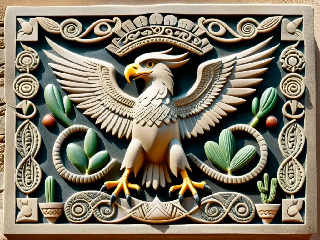 Detalle tallado en piedra del emblema mesoamericano: águila y serpiente
