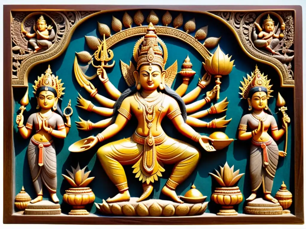 Detalle tallado en piedra de Vishnu, rodeado de seres celestiales y símbolos, creando una iconografía de los Dioses Hindúes
