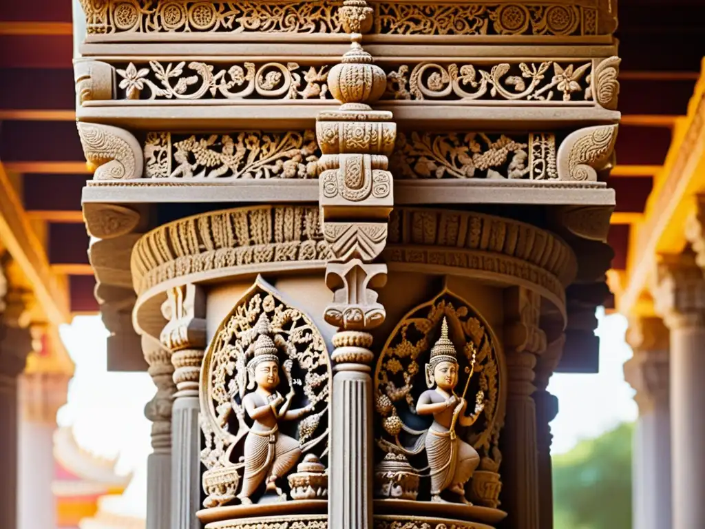 Detalle tallado de pilar en templo hindú, iluminado por luz suave, resaltando la cosmicidad de la arquitectura de templos hindúes