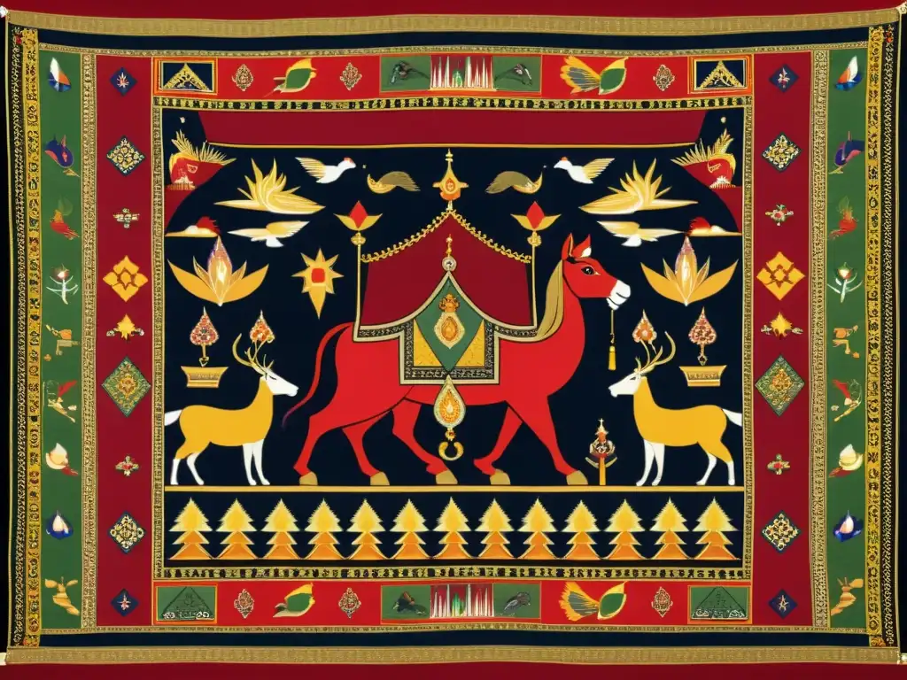 Detalle de tapiz zoroastriano con mitos y leyendas en vibrantes tonos y complejos patrones, una obra de arte cautivadora