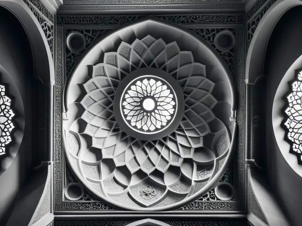 Detalle de techo de mezquita Sufi, patrones geométricos en blanco y negro, influencia sabiduría Sufi filosofía contemporánea
