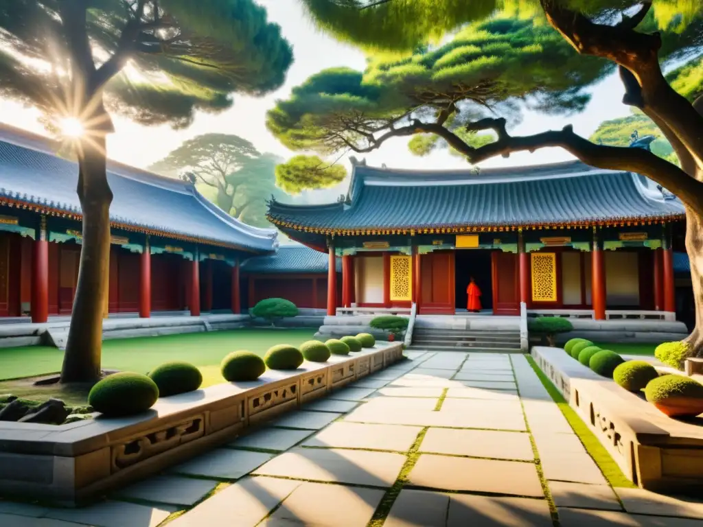 Detalle de templo confuciano antiguo con jardines y eruditos debatiendo bajo un árbol