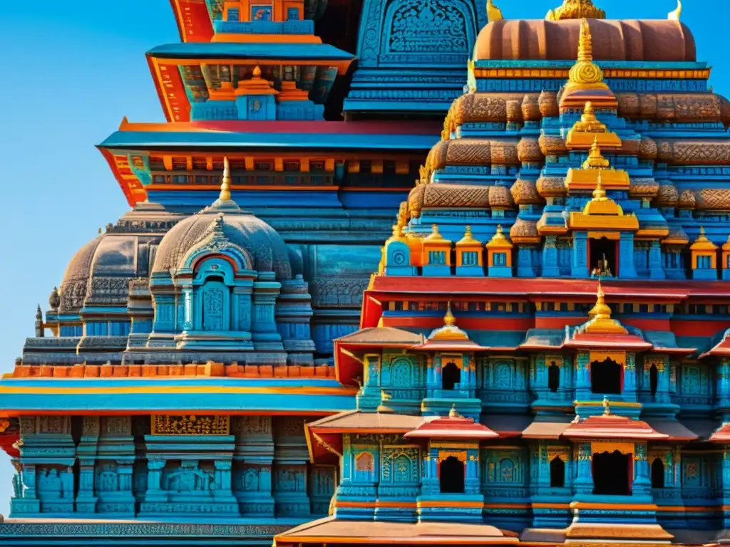 Detalle de un templo hindú con intrincados grabados y colores vibrantes, bajo el cielo azul