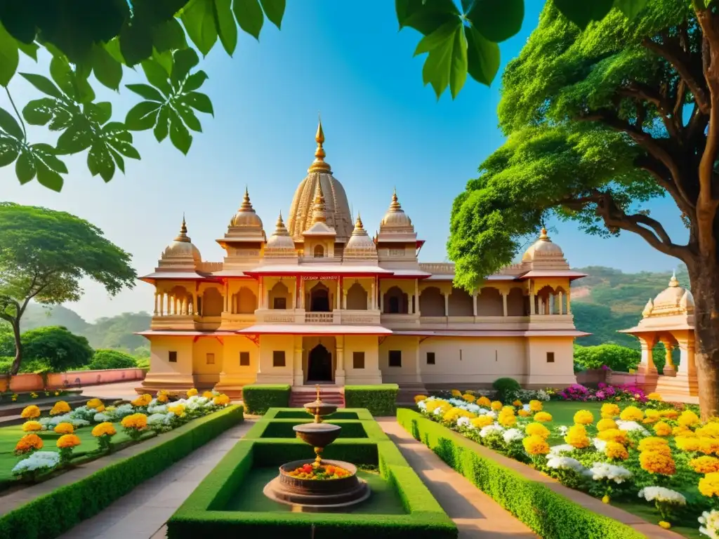 Detalle de un templo Jain en India, rodeado de exuberante vegetación y devotos ingresando