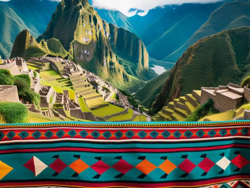 Detalle de textil inca en paisaje andino, muestra la perspectiva filosófica del Tawantinsuyu a través de arte ancestral y naturaleza imponente