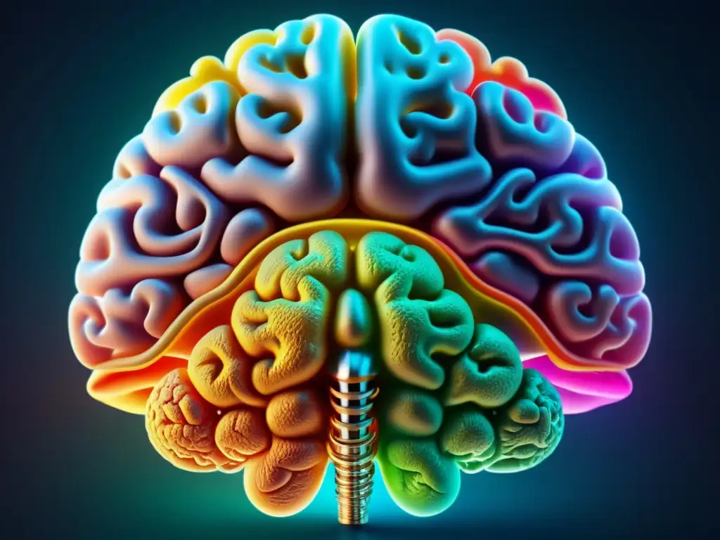 Detalle ultradetallado en 8k de un cerebro humano, mostrando regiones y vías neurales con colores vibrantes y detalles intrincados
