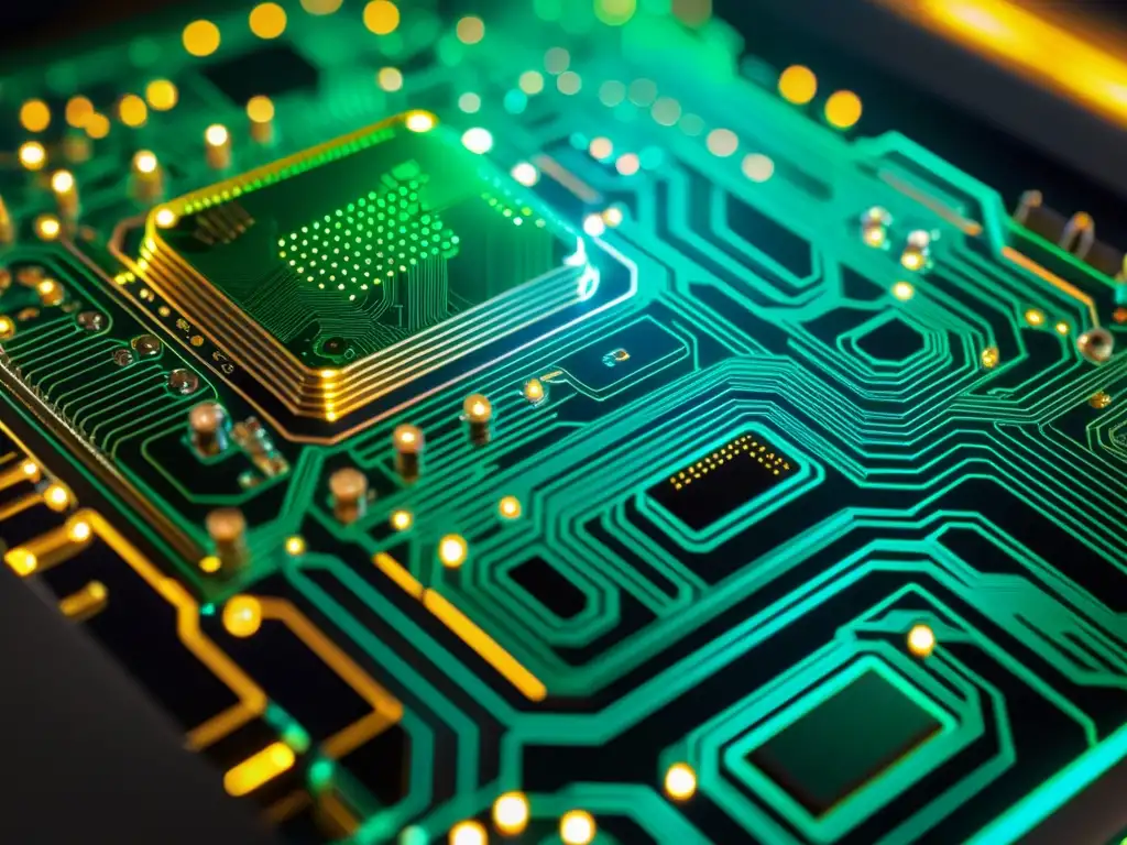 Detalle ultradetallado de una placa de circuito de computadora, con líneas e patrones intrincados que crean una estética futurista y cautivadora