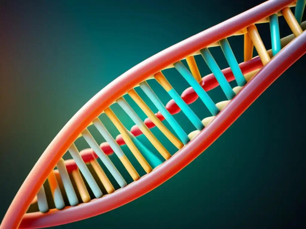 Detalle ultrarrealista de una doble hélice de ADN en 8k, mostrando la complejidad y avance científico de la era genómica
