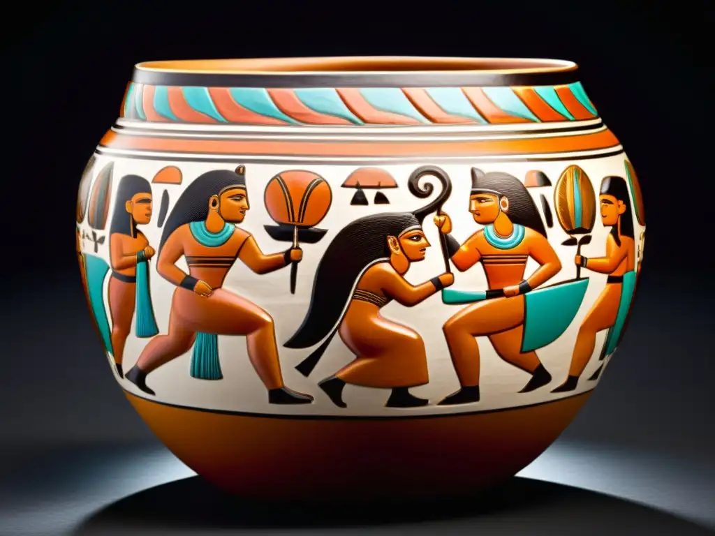 Detalle de una vasija cerámica mochica con escena mitológica, destacando la artesanía y narrativa del mito como filosofía de las culturas precolombinas