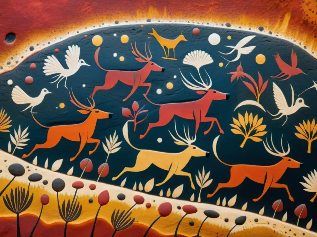 Detalle vibrante de arte rupestre aborigen, con filosofías en la caza ancestral