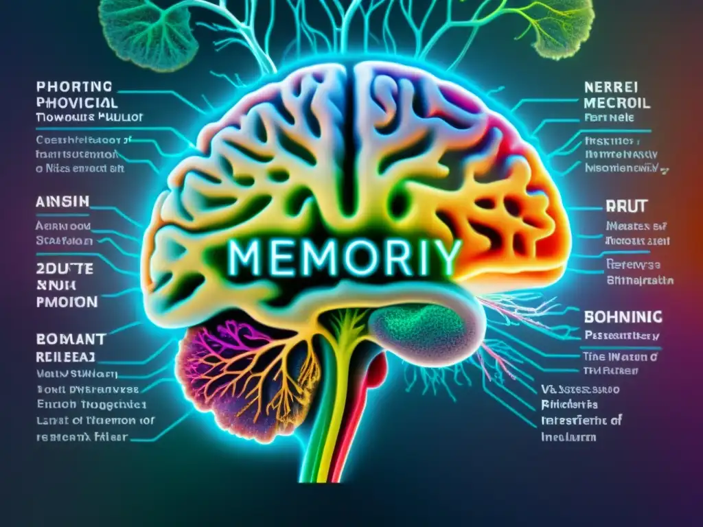 Detalle vibrante de escaneo cerebral con sinapsis y frases filosóficas sobre memoria