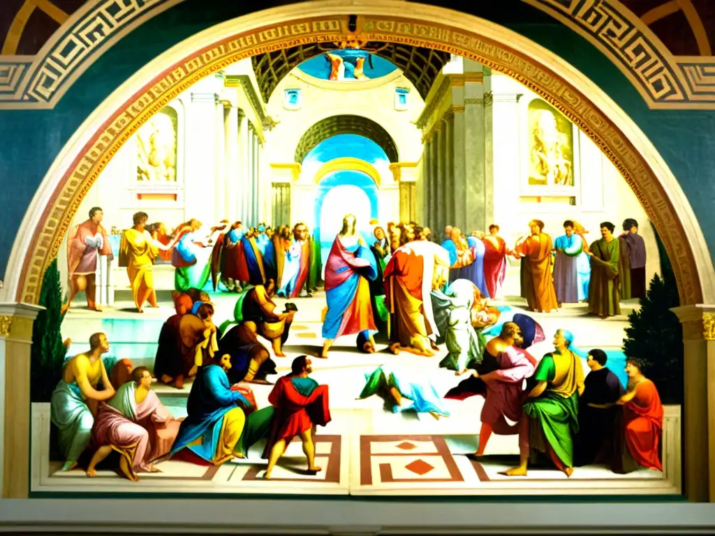Detalle vibrante del fresco 'La Escuela de Atenas' de Rafael, con figuras de filósofos antiguos como Platón y Aristóteles en una atmósfera intelectual