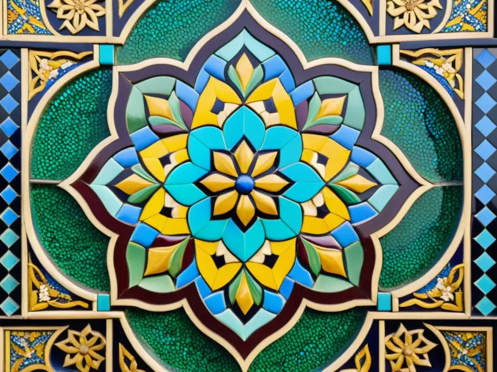Detalle 8k de una vibrante obra de arte en mosaico del mundo islámico, con intrincados patrones geométricos y una paleta de colores rica