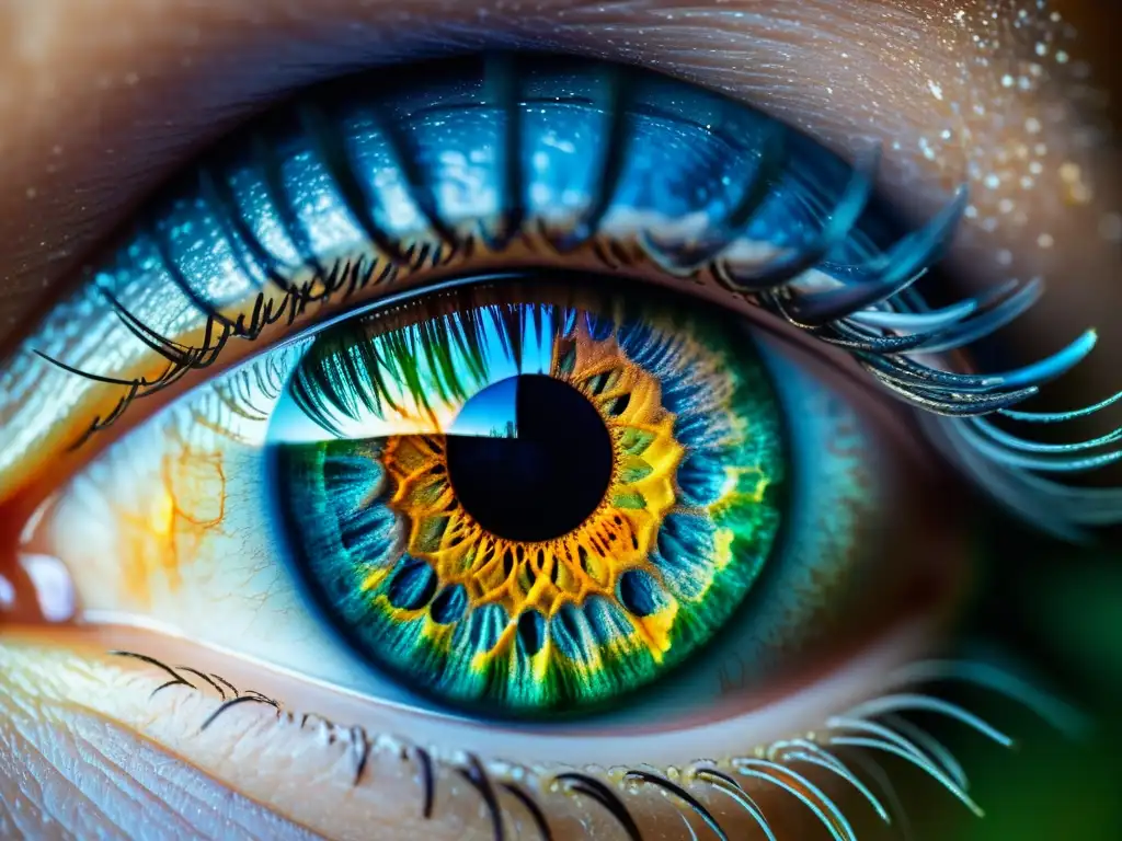 Detalle vibrante del ojo humano con complejidad y belleza, invitando a reflexionar sobre la percepción y realidad