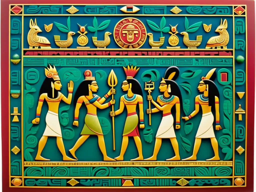Detalle vibrante de un panel de jeroglíficos mayas, con colores intensos y detallados grabados de deidades y símbolos