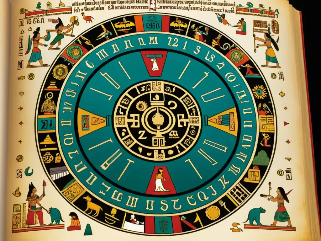 Detalle vibrante del Codex Borbonicus, revelando la rica filosofía en los códices mesoamericanos