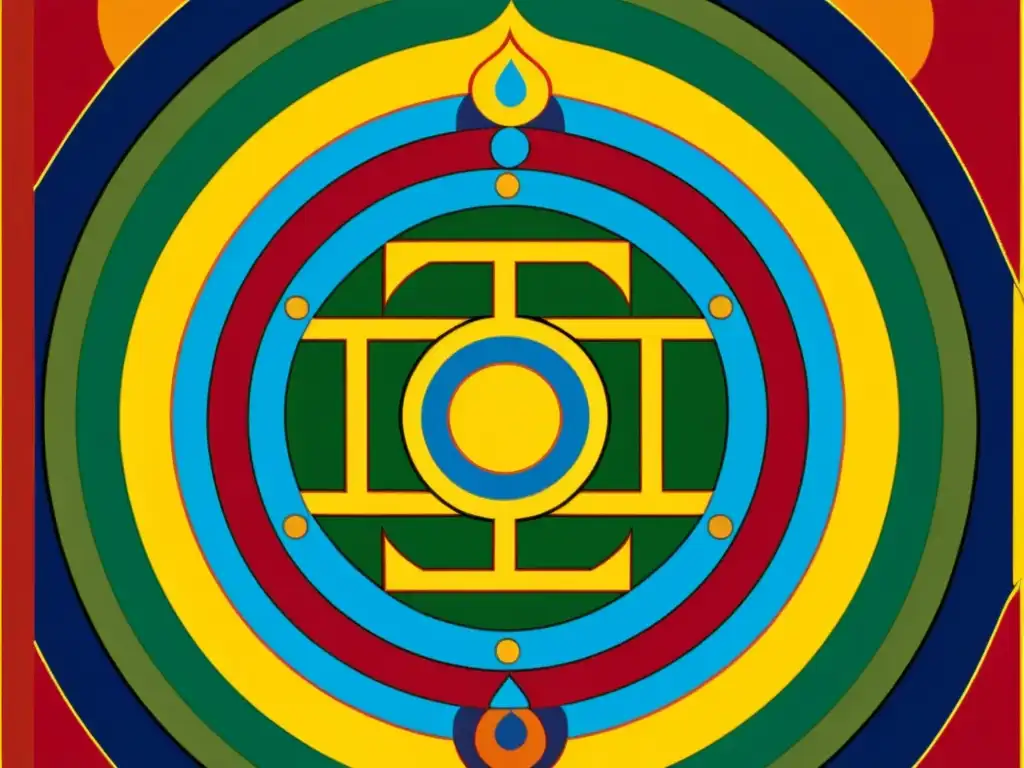 Detalle vibrante de una thangka tibetana representando la Rueda del Dharma, simbolismo y enseñanzas