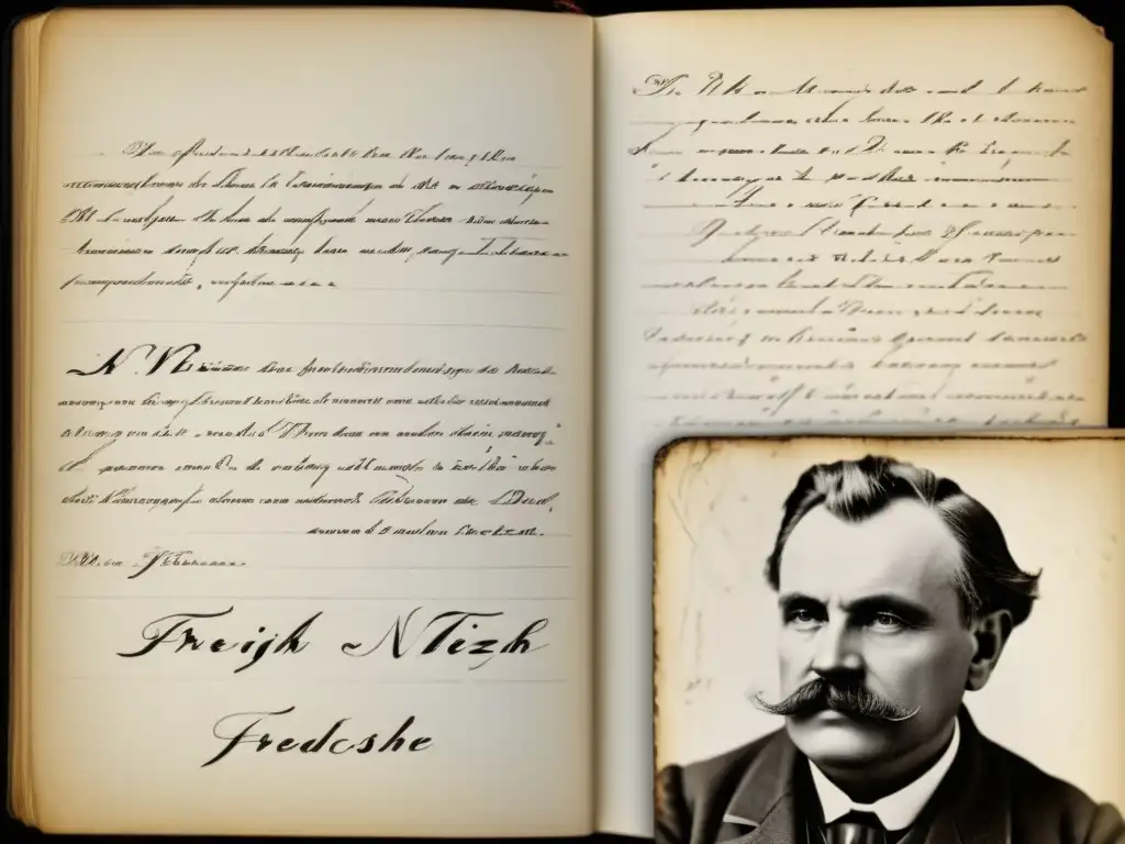 Detalles en blanco y negro de las notas manuscritas de Nietzsche, capturando su profunda filosofía