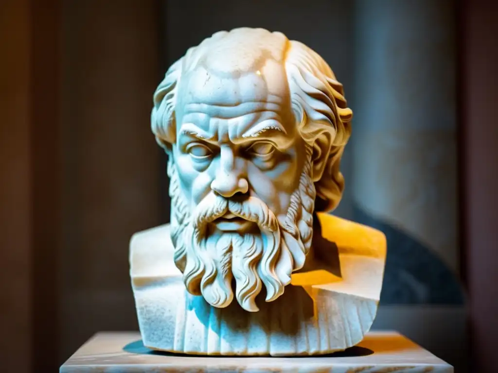 Detalles del busto de mármol de Sócrates, con desgaste y sabiduría