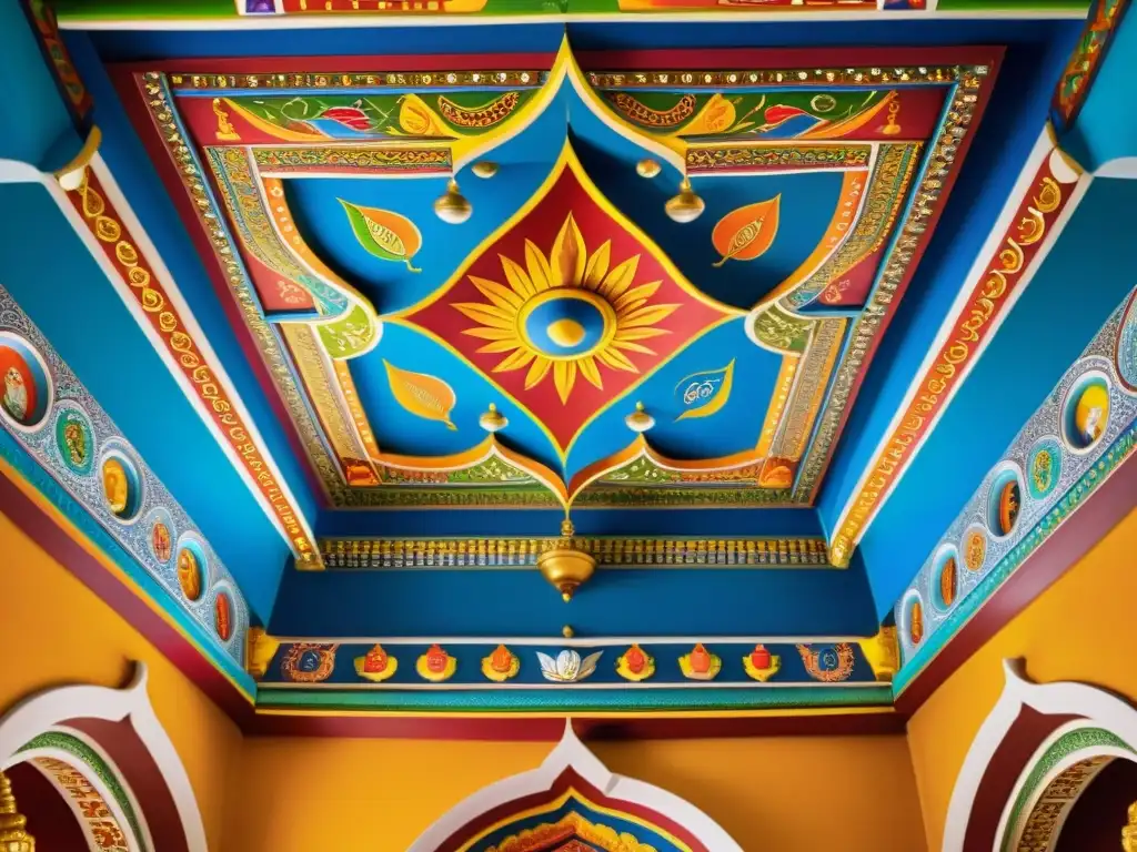 Detalles coloridos del techo del templo Jain, mostrando la perspectiva única del karma en el Jainismo