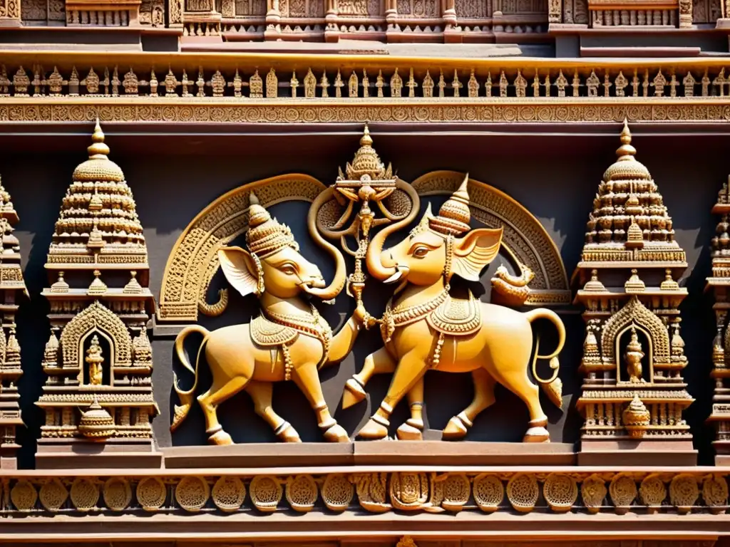 Detalles dorados de esculturas en el templo Brihadeeswarar en Thanjavur, India, explorando las escuelas filosóficas del hinduismo