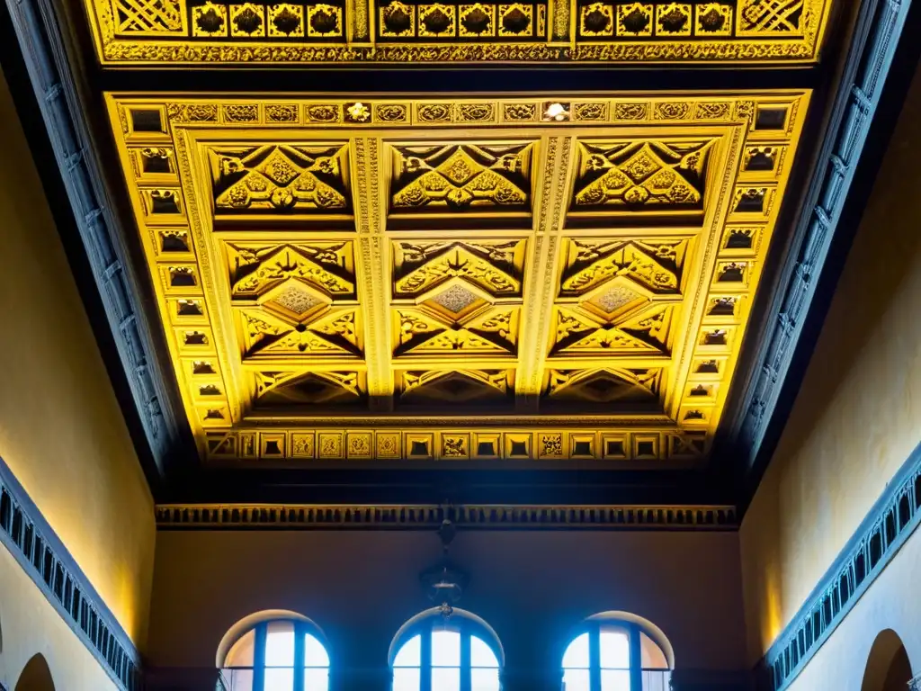 Detalles de la Geometría Sagrada y corrientes filosóficas en el techo del Palazzo Vecchio en Florencia, resaltando la precisión y belleza renacentista