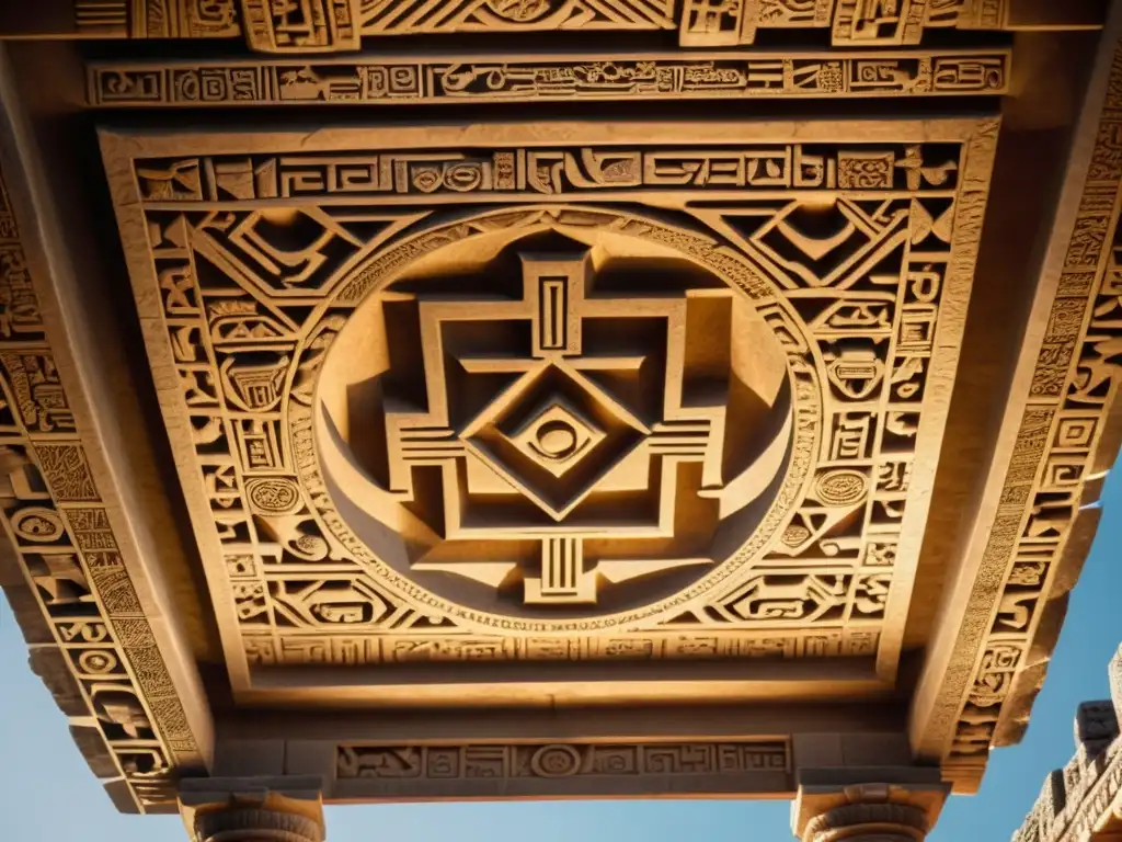 Detalles de la Geometría Sagrada y corrientes filosóficas en las intrincadas tallas de piedra del techo de un templo maya, iluminadas por la luz solar