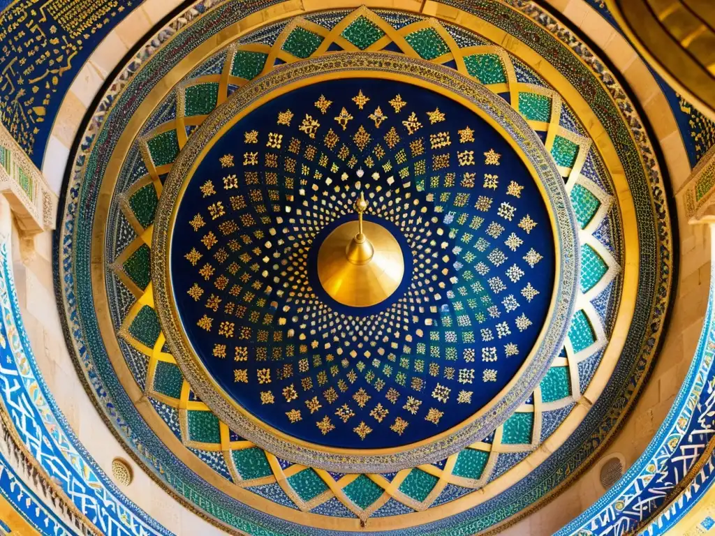 Detalles geométricos e inscripciones islámicas en el Dome of the Rock en Jerusalén, reflejando la belleza y el propósito en la cosmología islámica
