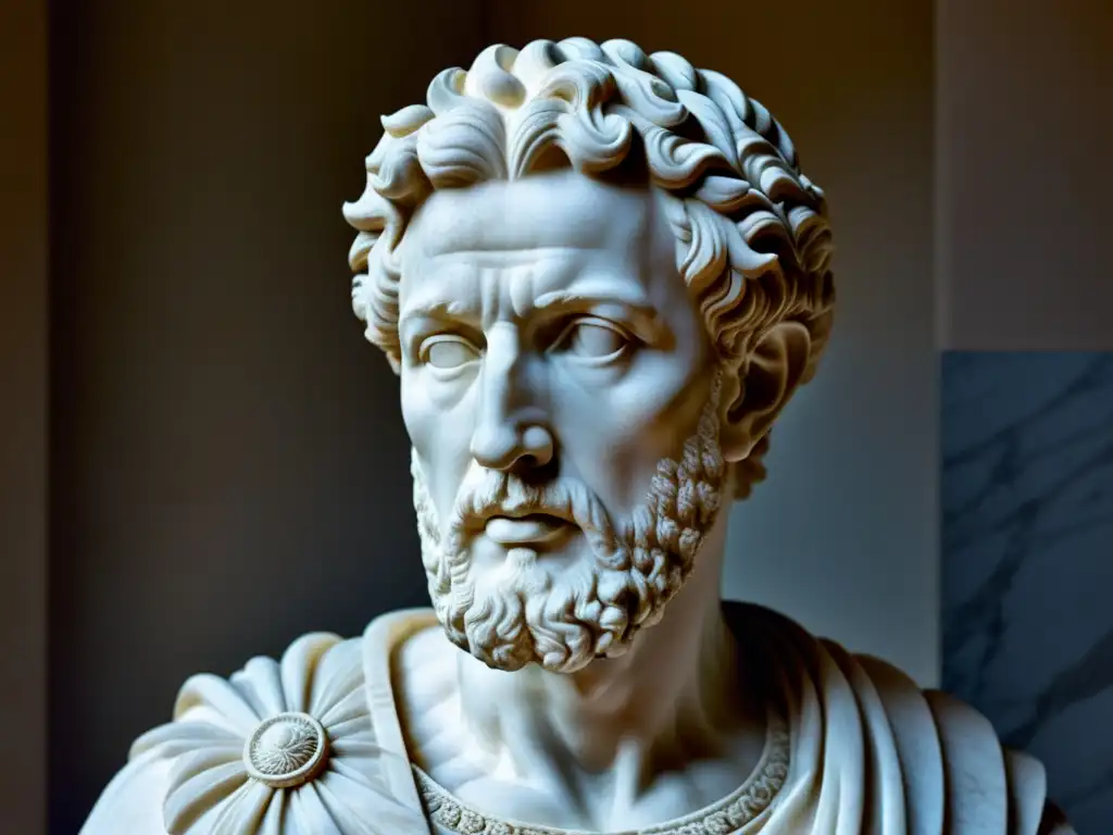 Detalles impresionantes del busto de mármol de Marco Aurelio, con una expresión lifelike que evoca relevancia y meditaciones atemporales