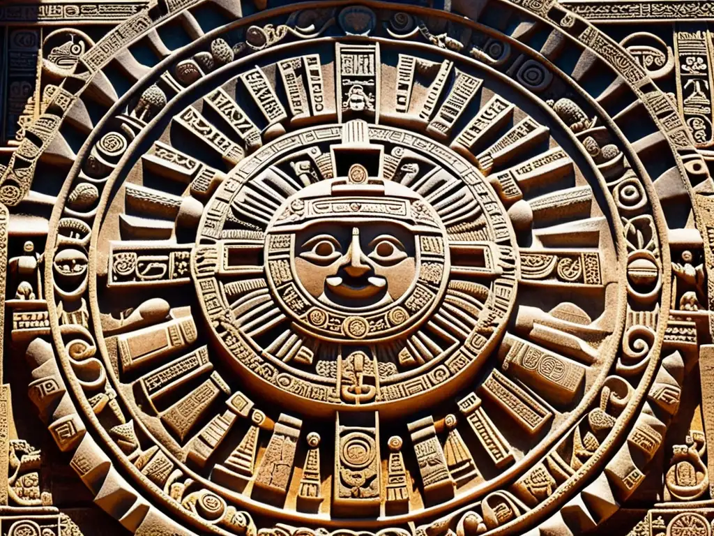 Detalles del intrincado diseño de la Piedra del Sol, mostrando el calendario Azteca y símbolos deidades