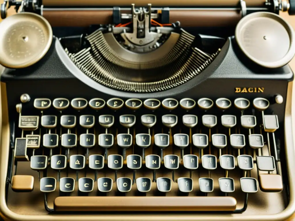 Detalles intrincados de una antigua máquina de escribir, con signos de uso, evocando historia y creación literaria