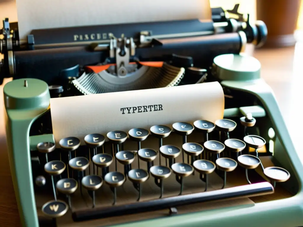 Detalles intrincados de una antigua máquina de escribir con papel, evocando la metaficción y postmodernismo literario en un ambiente nostálgico