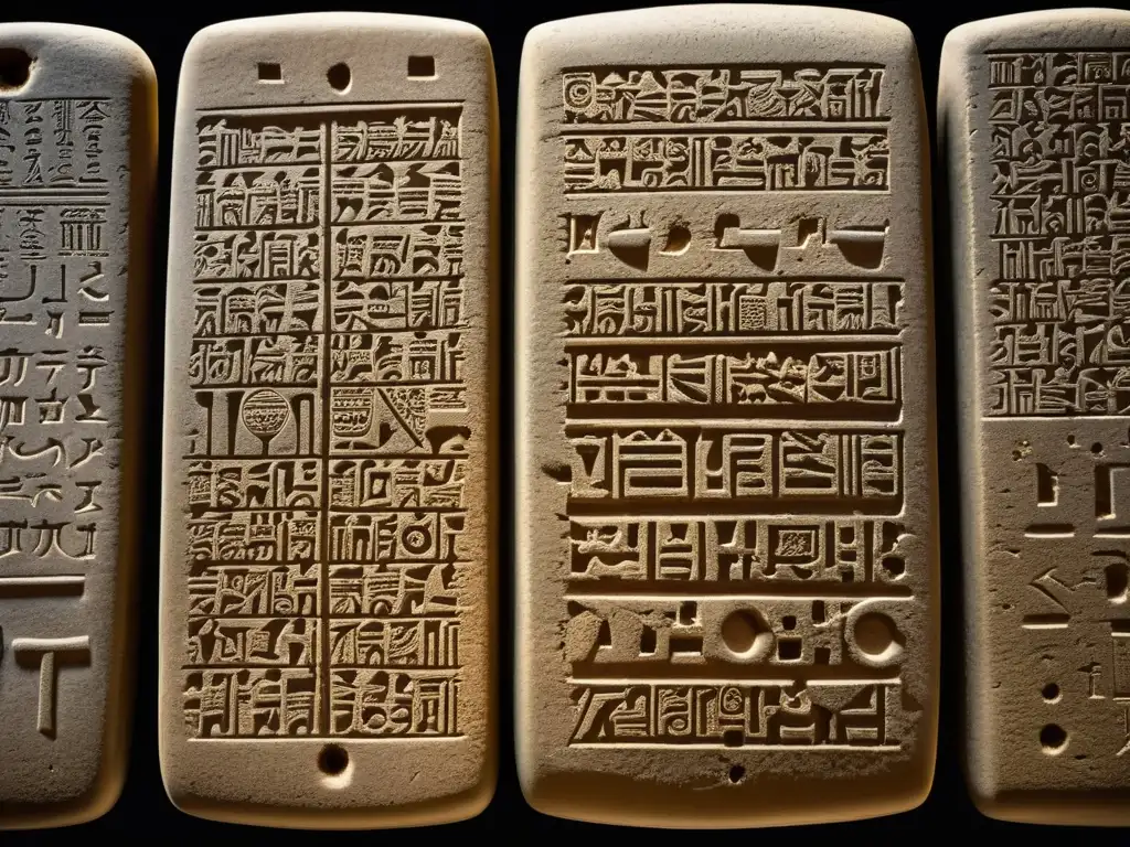 Detalles intrincados de antiguas tablillas babilónicas de arcilla con escritura cuneiforme