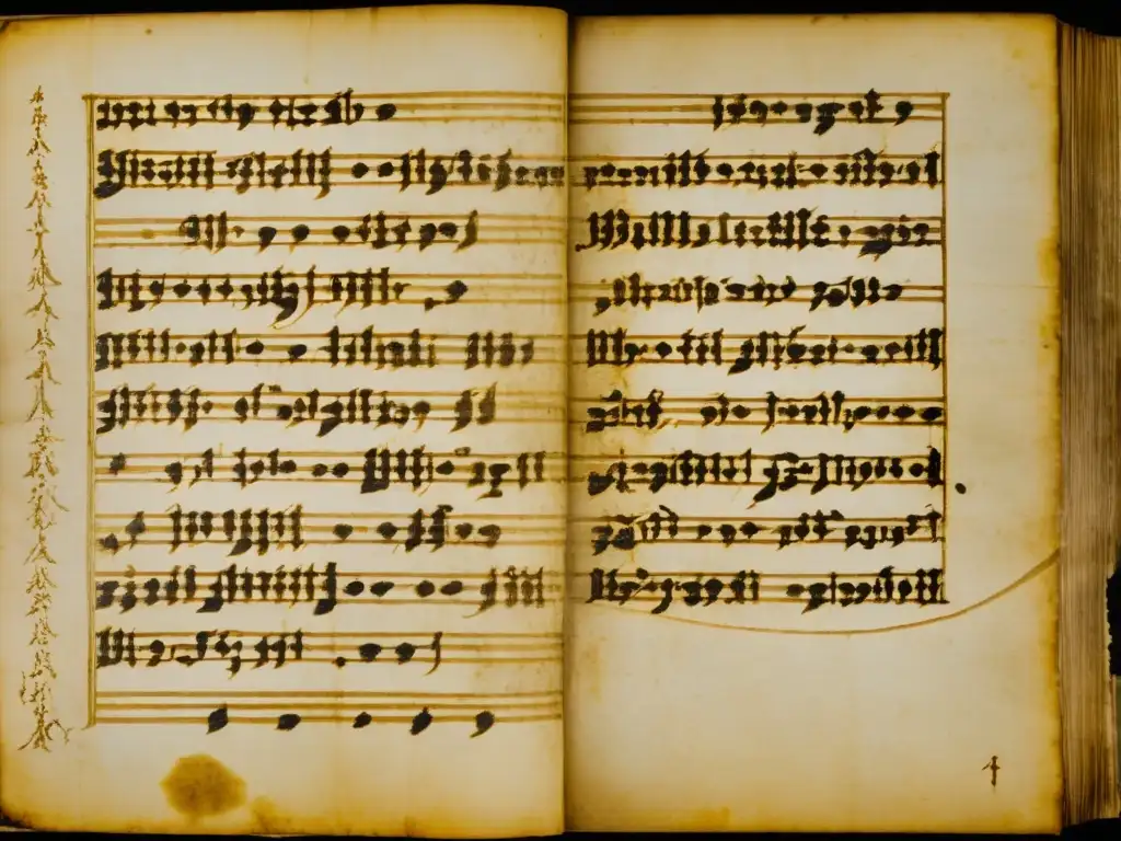 Detalles intrincados de antiguo manuscrito en pergamino amarillento, evocando la importancia histórica de los Ensayos de Montaigne