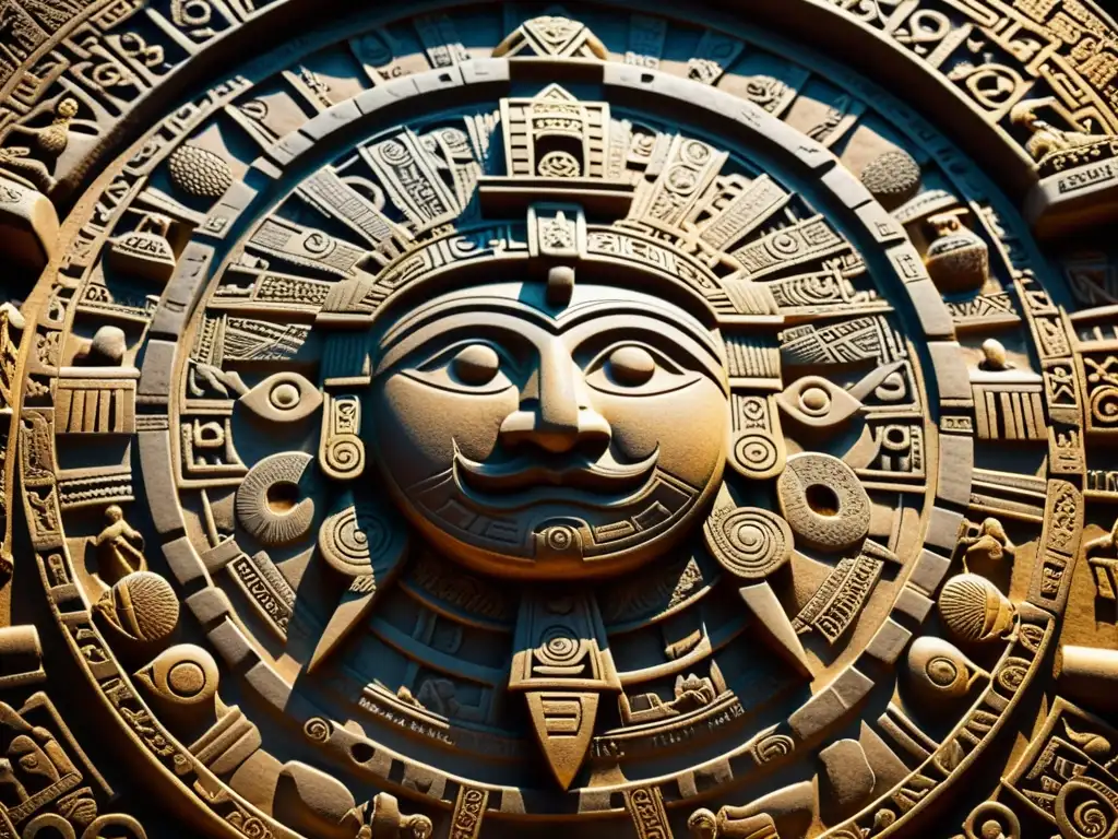 Detalles intrincados del calendario azteca, representación evocadora del concepto del tiempo en Mesoamérica