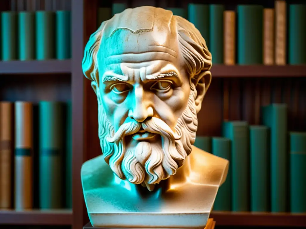 Detalles intrincados de la escultura de un filósofo griego antiguo en una biblioteca, para el curso online filosofía razonamiento crítico