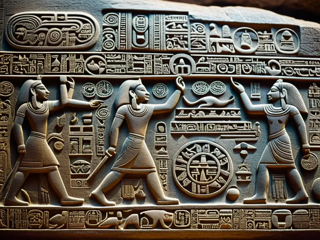 Detalles intrincados de jeroglíficos mayas en piedra, evocando misterio y sabiduría antigua