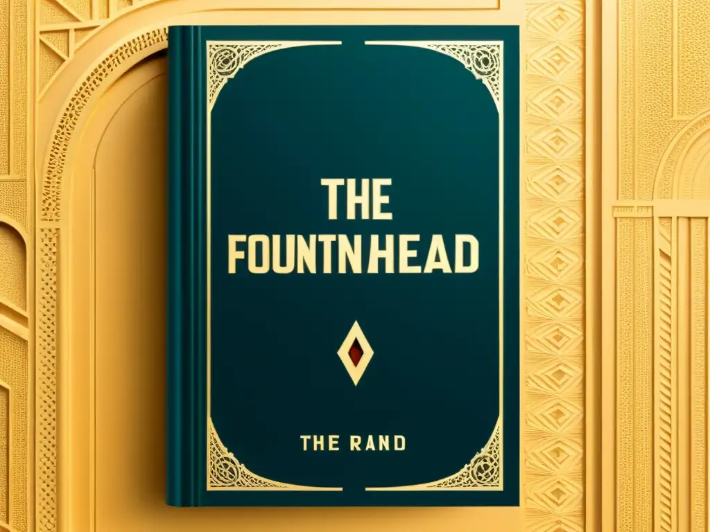Detalles intrincados del libro 'El manantial' de Ayn Rand, representando el individualismo versus colectivismo en filosofía